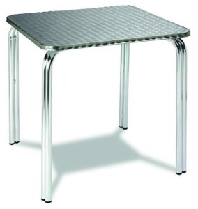 Mesa HELSINKI en aluminio anodizado y tablero inoxidable para terraza hoetelería